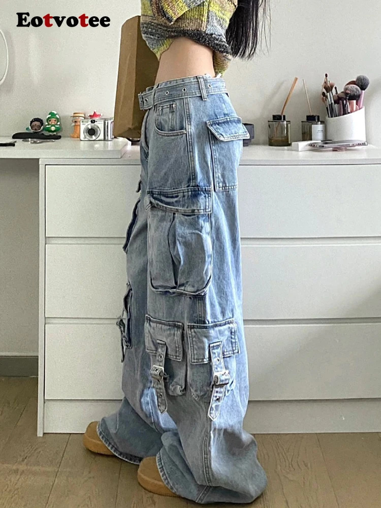 EOTVOTEE Women Casual Jeans American High Waist Street Style Baggy Cargo Pants Y2k Wide Leg Jeans Multiple Pockets Jeans 240806