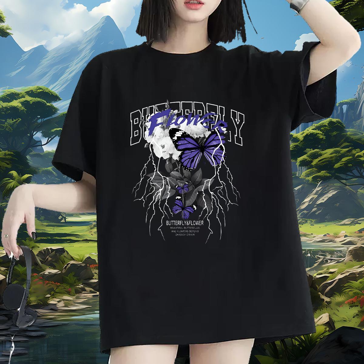 Comfortable Women T Shirts O Neck Short Sleeves Women Tshirts Cartoon Floral Printing Butterfly Casual Sport 230g Pure Cotton Fashion Clothes