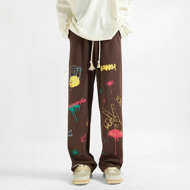 American Graffiti Printed Baggy Straight Pants Hombre Y2K Streetwear Wideleg Sweatpants For Men Hip Hop Fashion Trousers 240806