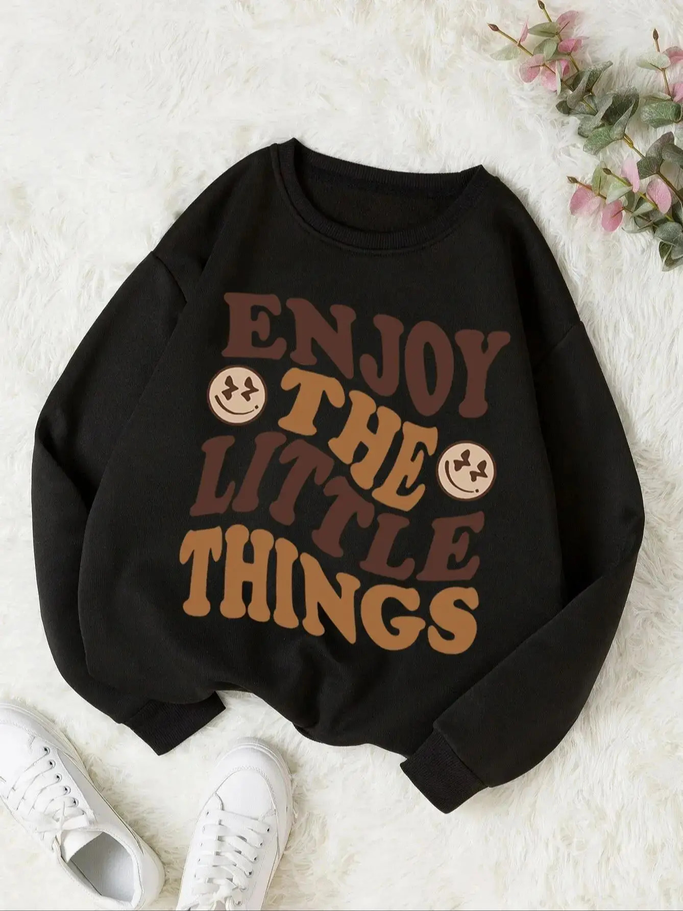 Womens Print Thermal Lined Crew Neck Loose Pullover Long Sleeve Plus Velvet Sweatshirt 240806