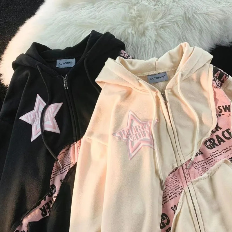 Letter Print Sweatshirts Gothic Streetwear Vintage Loose Patchwork Tops Coats Zip Up Hoodies Women Harajuku Hip Hop Top 240806