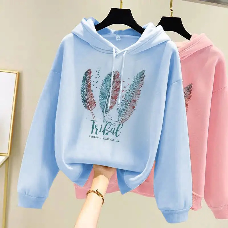 Women Fashion Feather Printed Hoodies Autumn Winter Plus Velvet Casual Loose Sweatshirt 240806