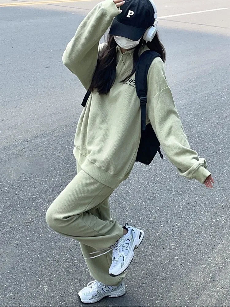 Avocado green retro polo shirt womens hooded sweatshirt oversized waffle sweater Korean autumn Y2K Harajuku long sleeved T-shirt for teenagers 240827