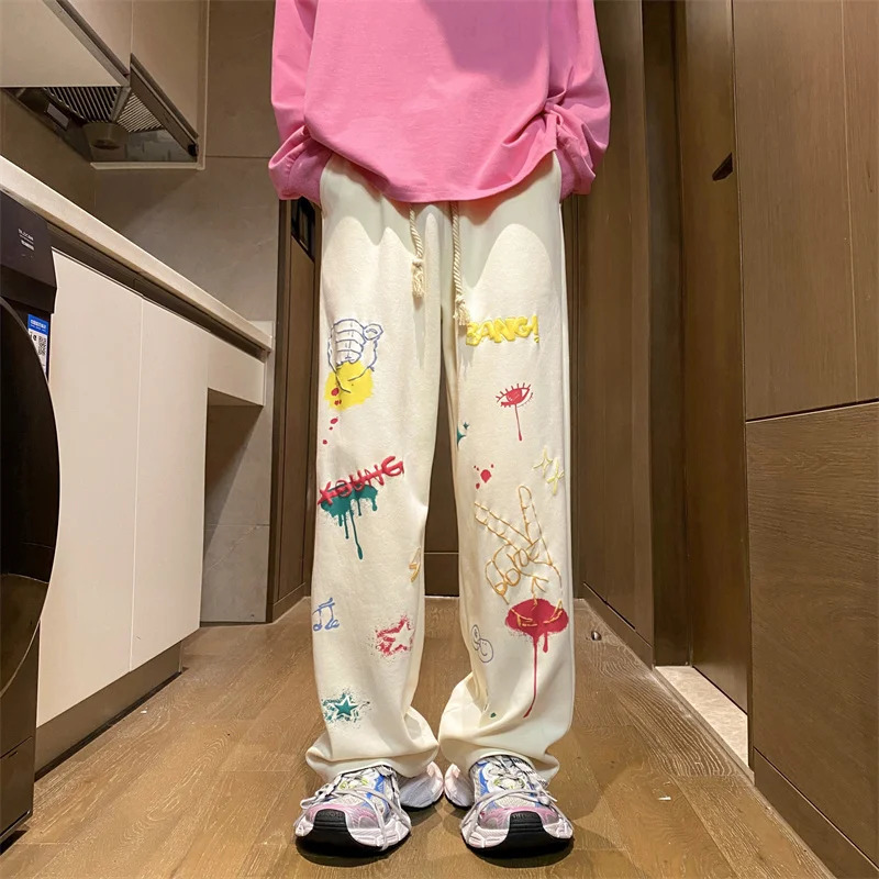 American Graffiti Printed Baggy Straight Pants Hombre Y2K Streetwear Wideleg Sweatpants For Men Hip Hop Fashion Trousers 240806