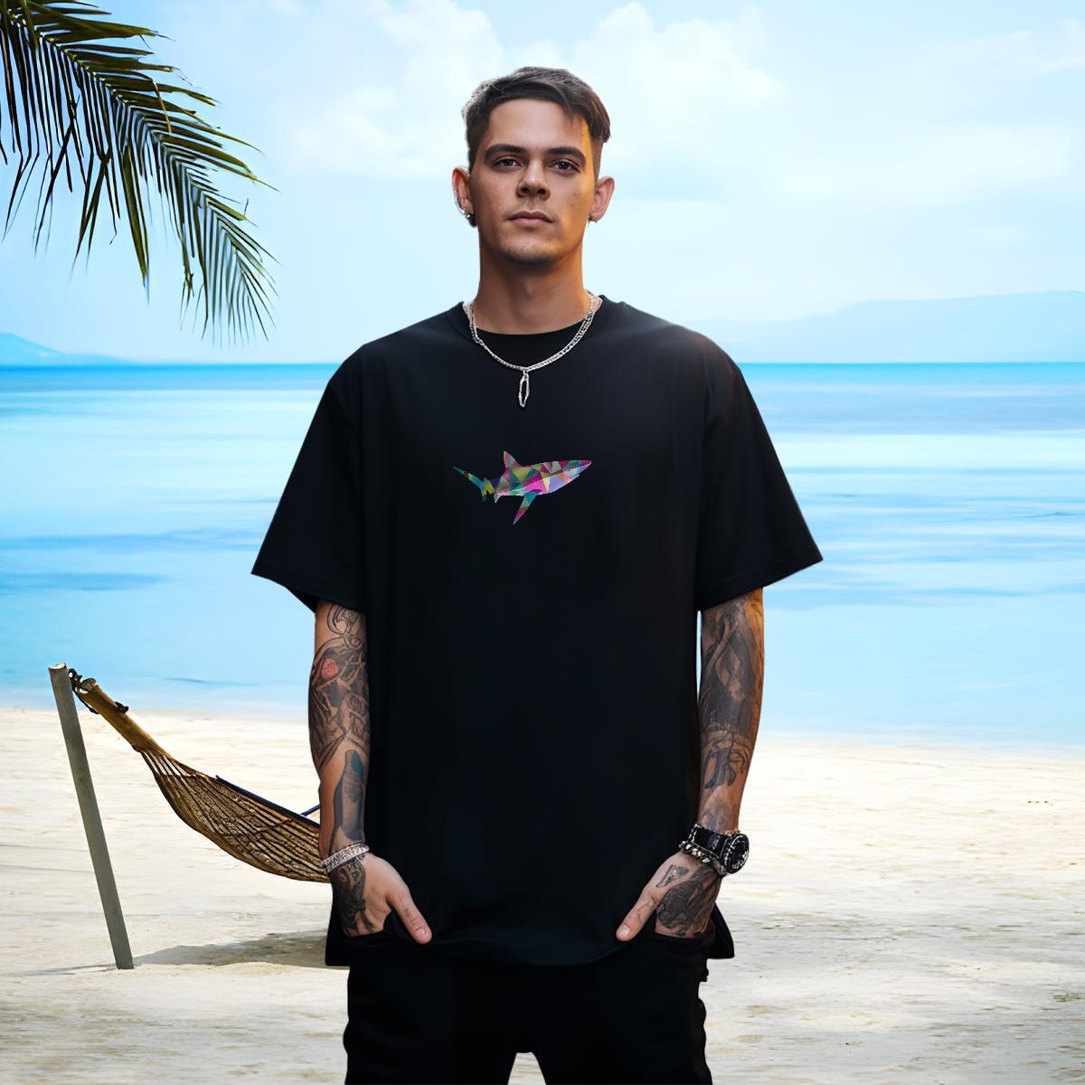 Cool Men Tops Tees 230g 100% Cotton fish T-Shirts Hip Hop Street Short Sleeve Soft Floral Print Fashion New Wear