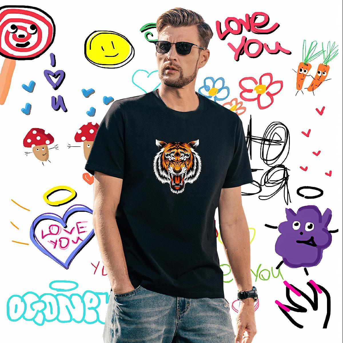 Men T Shirts 100% Cotton 230g tiger Beach Breathable Crew Neck Anime Men Clothes T-Shirt Custom Cool Design Tshirts