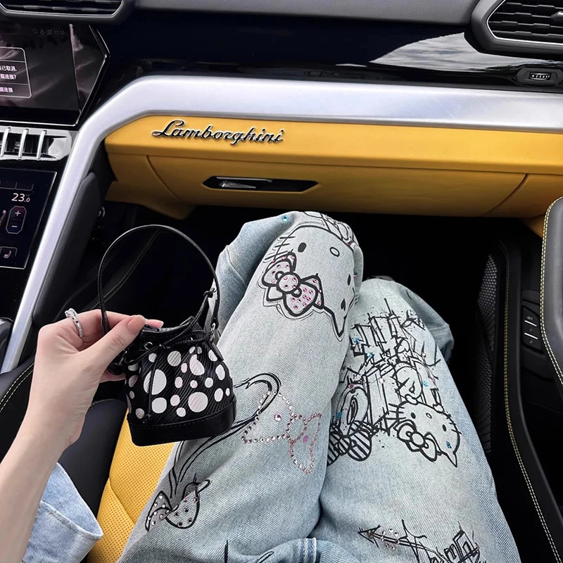 Y2K Kawaii Drill Jeans Straight Pants Female Girl American Retro Graffiti Harajuku High Waist Denim Trourse Woman 240806