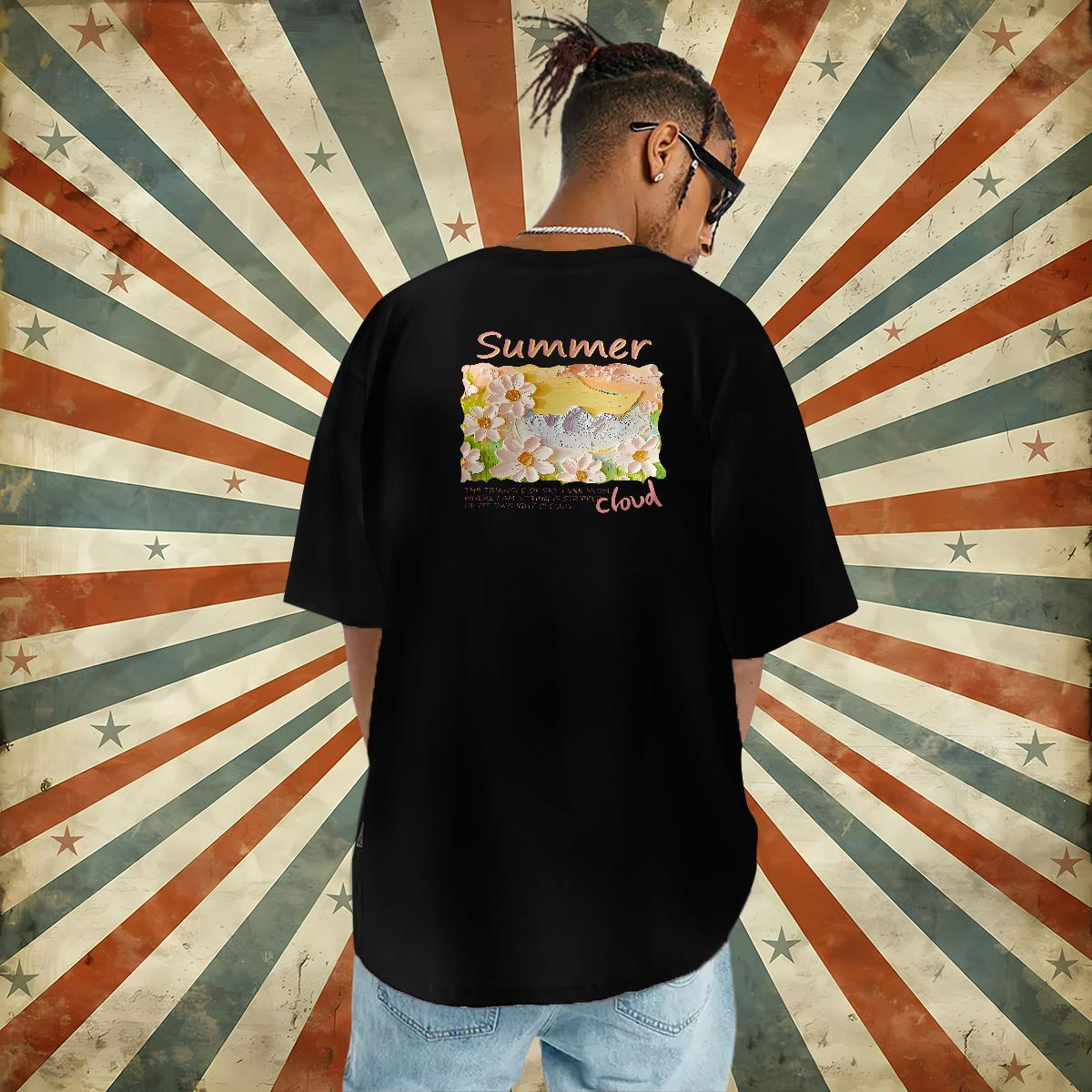 Stylist T-Shirts for Men 230g Pure Cotton flower Hip Hop Wear Breathable Crew Neck Cool Men Tops Tees Anime Print