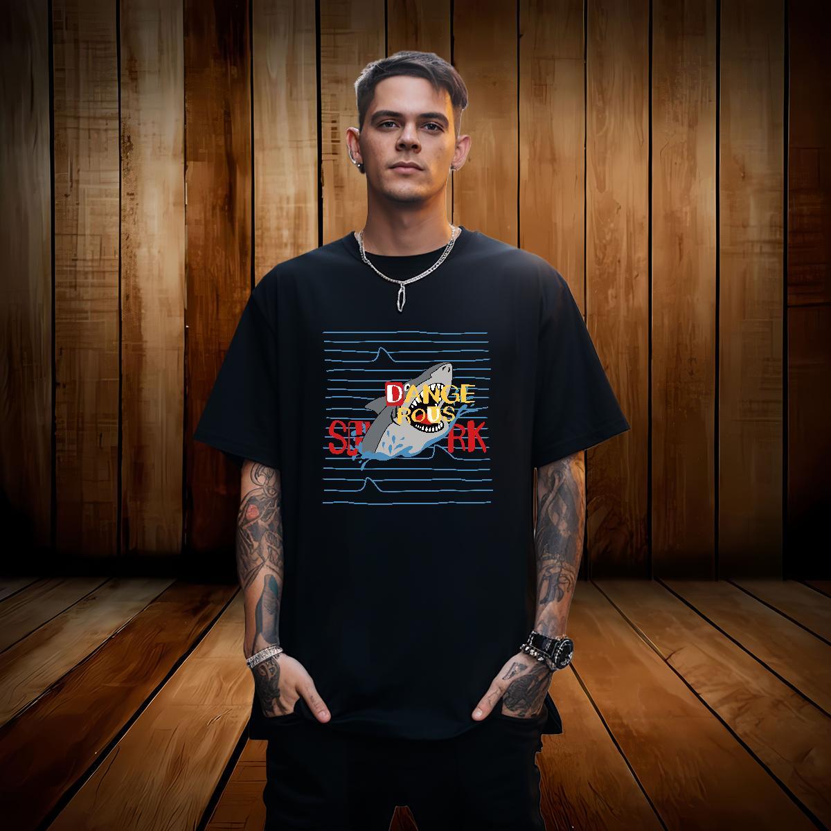 T-Shirts for Men 230g Cotton shark Daily Wear O-Neck Short Sleeve Black Oversized Tshirts 2024 Designer Cool Clothings