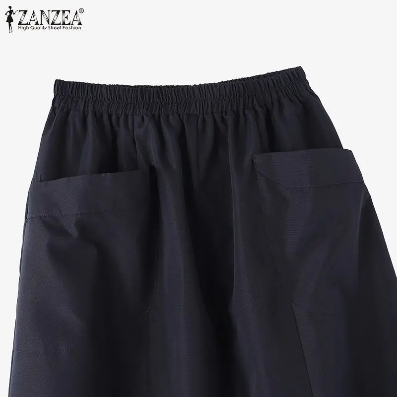 ZANZEA Women Cargo Long Skirt Casual Loose Elastic Waist Midi Skirts Holiday Solid Korean Jupe Summer Straight Pleats Falda 240806