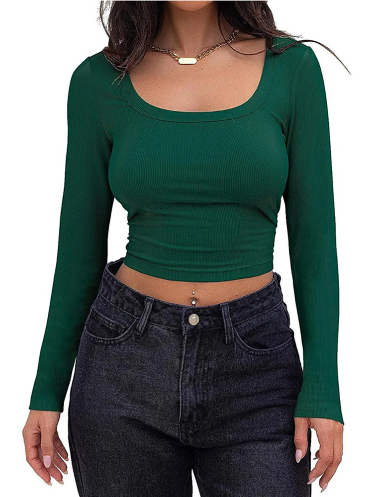 Womens Long Sleeve Square Neck Crop Top Ribbed Slim Fitted Y2K Casual T-Shirt Tops 240806