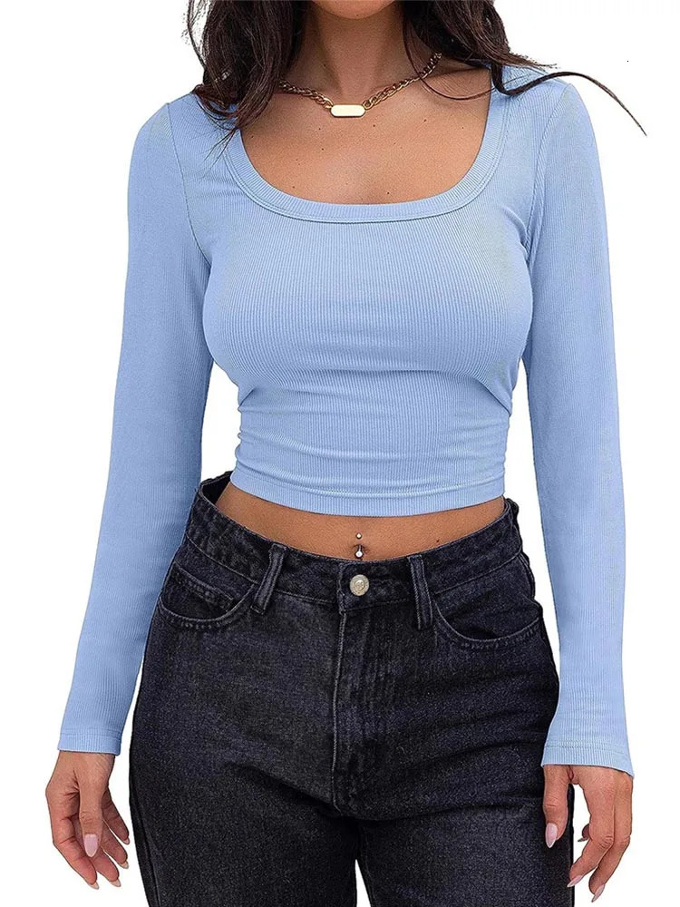 Womens Long Sleeve Square Neck Crop Top Ribbed Slim Fitted Y2K Casual T-Shirt Tops 240806