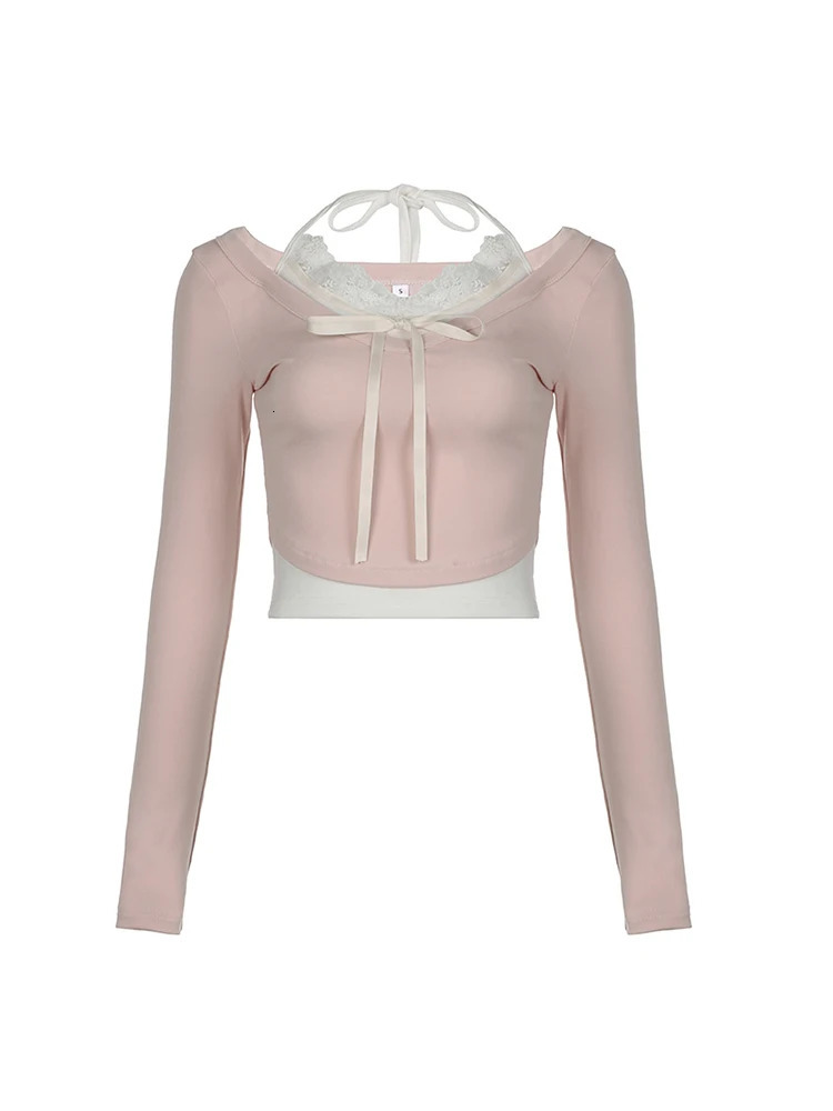 Sweet Y2K Lace Contrast Patchwork Slim Long Sleeve Pink T Shirt Women 2000s Cute Kawaii Clothes 240806