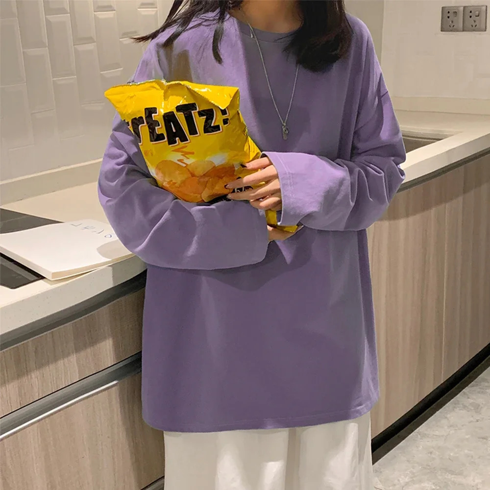100% Cotton Spring Long sleeve T-Shirt Women Basic Tee Shirt Oversize T Shirt Women Casual O-neck Women Tshirt US size 240806