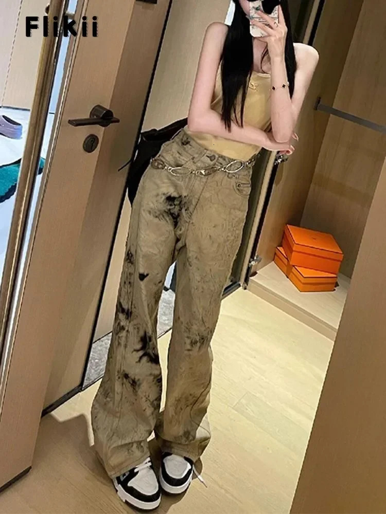 American High Street Vintage High Waist Jeans Womens Y2K Casual 2000s Straight Pants Baggy Wide Leg Grunge Washed Denim Trouser 240806