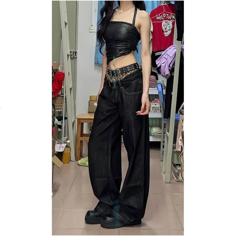 Womens Black Jeans Harajuku Y2k 90s Aesthetic Baggy Denim Trousers Korean Straight Jean Pants 90s Vintage 2000s Trashy Clothes 240806