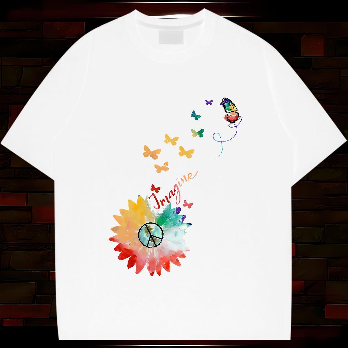 New T-Shirts 230g 100% Cotton Butterfly Casual Tops Breathable Short Sleeve Soft Men Tshirts Floral Print