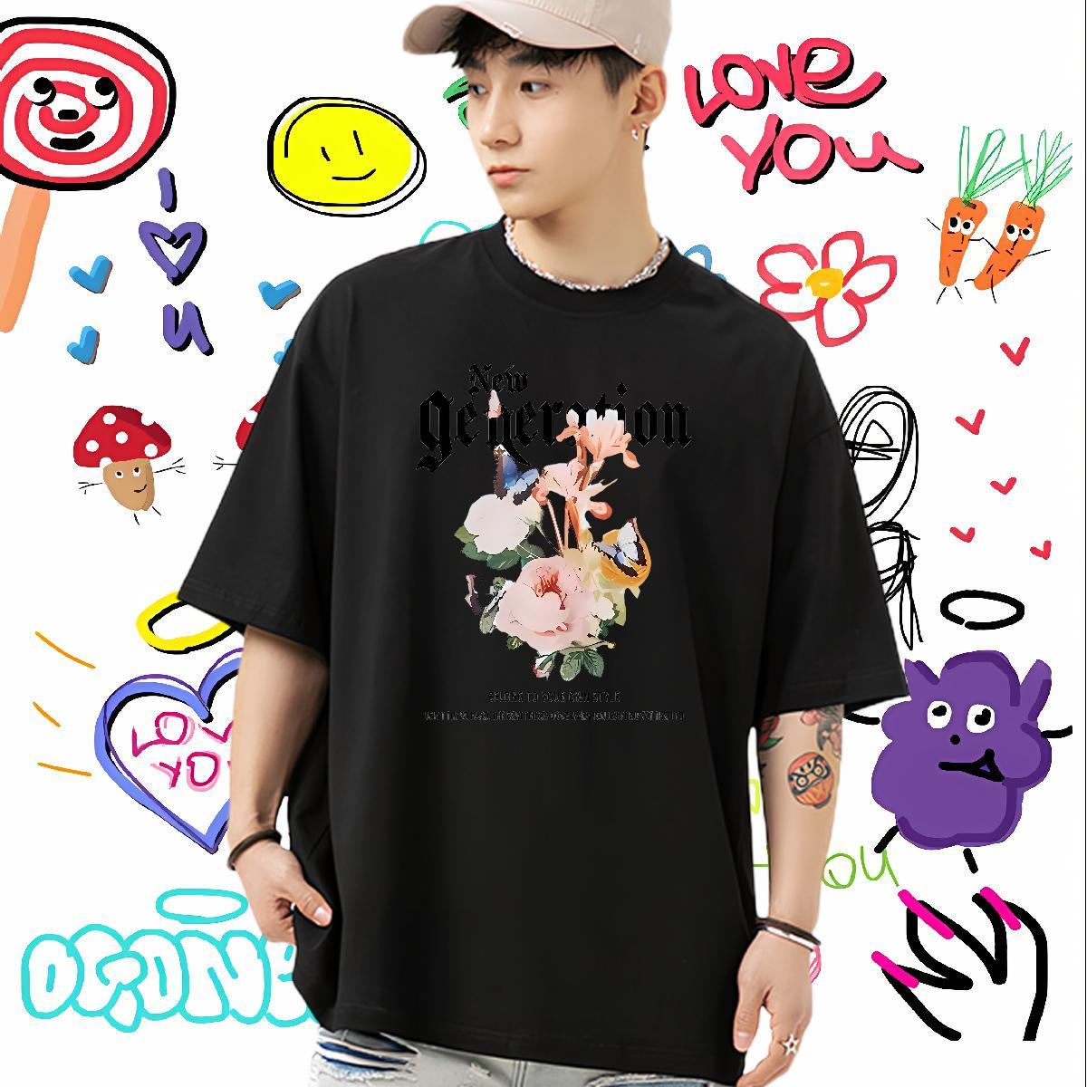 2024 DIY T-Shirts for Men 230g Pure Cotton flower Street wear Hip Hop Clothings Breathable Crew Neck Classic Couples T Shirts Custom Cartoon