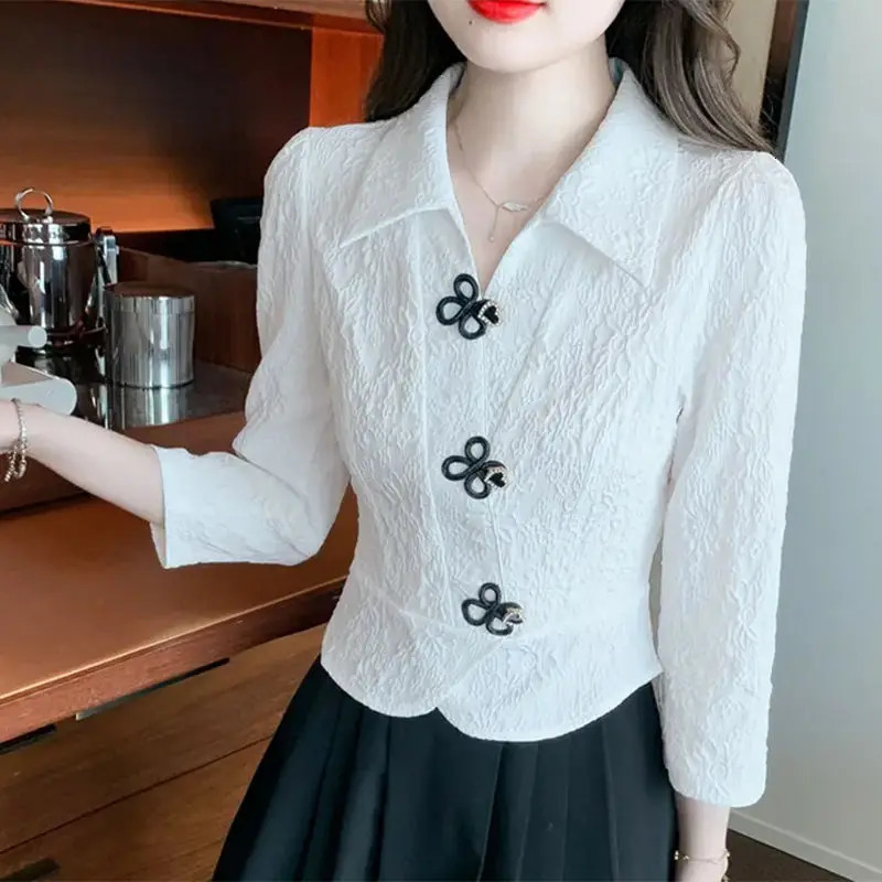 Office Lady Peter Pan Collar Solid Color Pullover Womens Long Sleeve Rivet T-shirt Elegant Spring Autumn Flattering Tops 240806