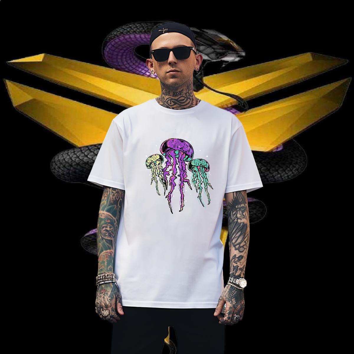 T Shirt For Man 230g 100% Cotton jellyfish Street Casual Crew Neck Breathable Graphic Couples T Shirts DIY Loose Fit Tops