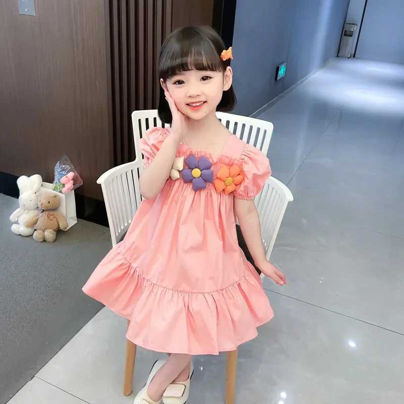 Summer Childrens Clothing Flowers Simple Solid Color Puff Sleeves Baby Girls Dress Thin Preschool Party Princess 0 to 10 Years OldW240720