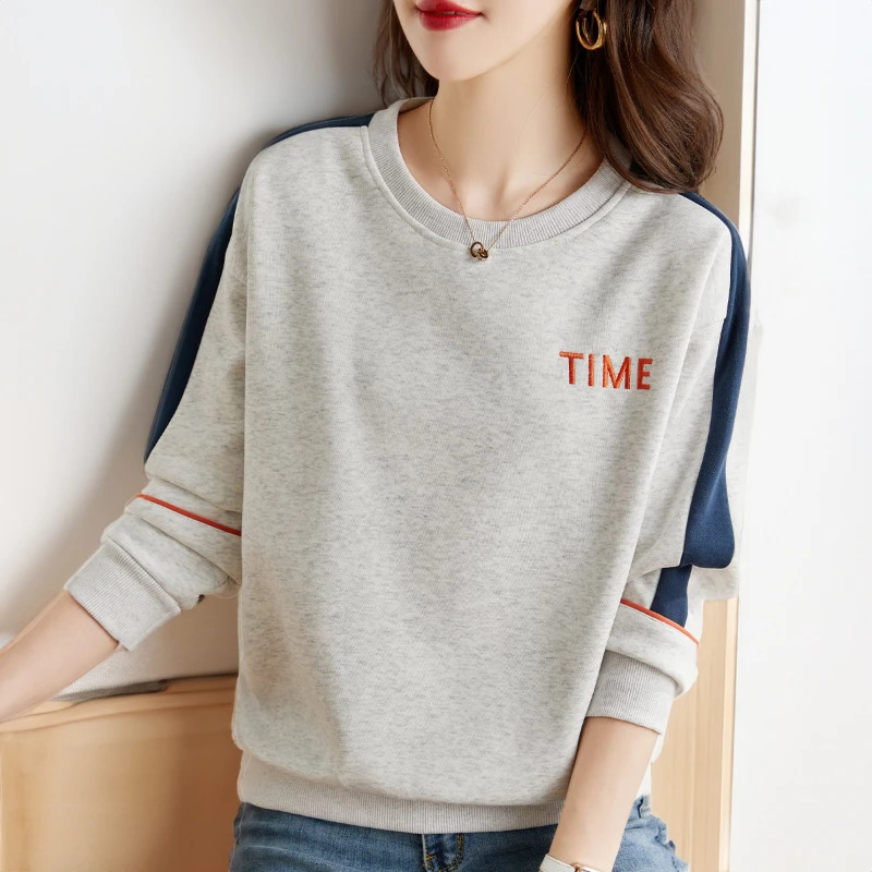Korean Fashion Spring Autumn Womens O-Neck Letter Embroid Contrast Color Patchwork Casual Loose Long Sleeve Sweatshirts Tops 240806