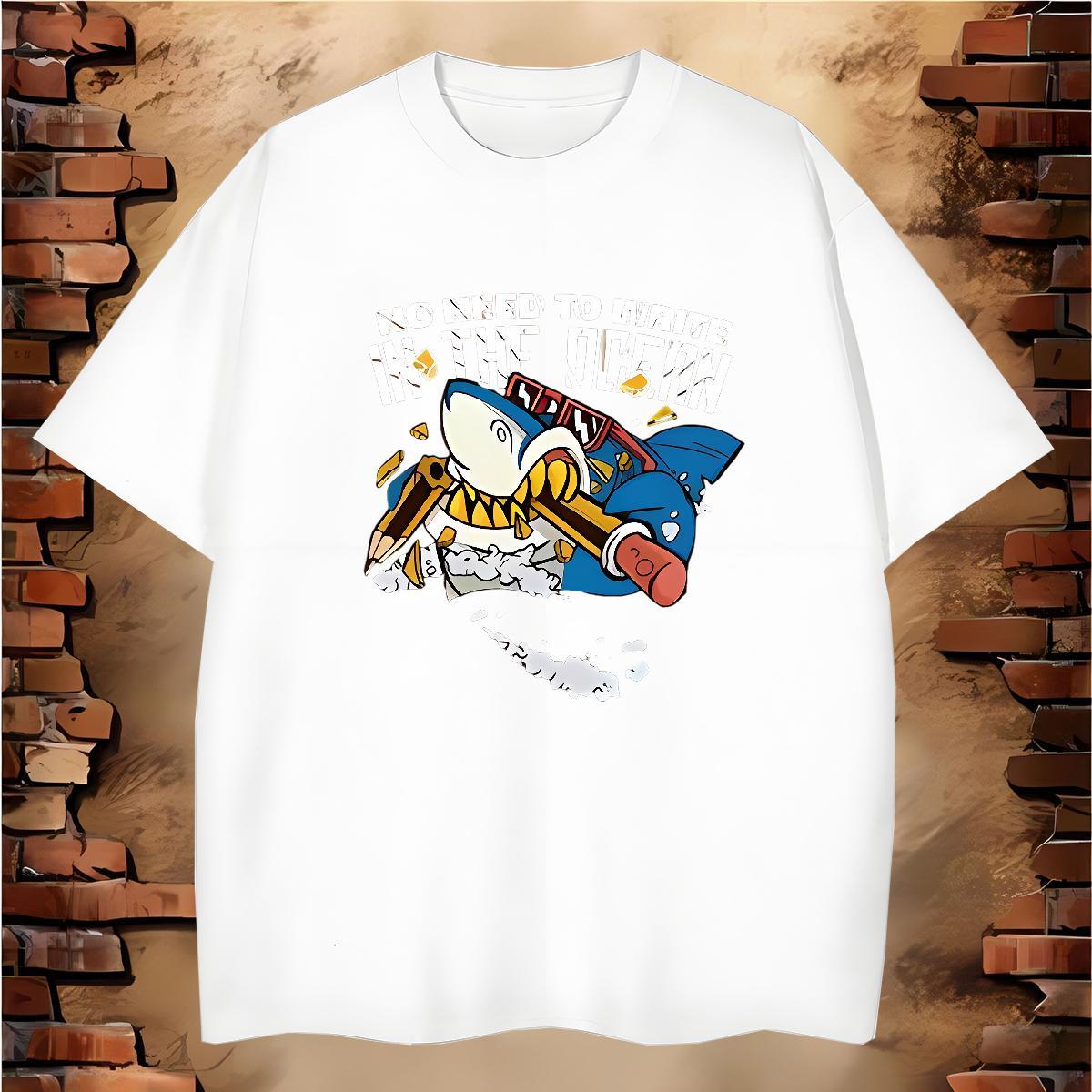 DIY T Shirts Men 100% Cotton 230g shark Daily Wear Tee Shirt Crew Neck Cool Design Men Clothes T-Shirt Plus Size Cartoon