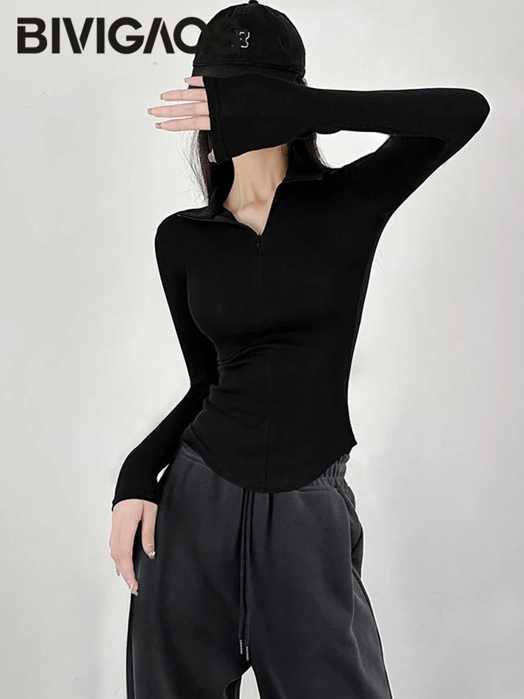 BVIGAOS spring/summer ultra-thin long sleeved T-shirt for women black spicy cotton zipper lapel polo neck top 240827