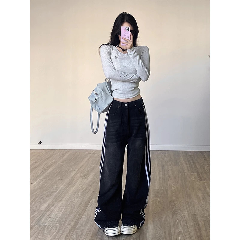 Women Black Gothic Baggy Jeans Vintage Korean Oversize High Waist Cowboy Pants Harajuku Wide Denim Trouser 90s Y2k 2000s Clothes 240806