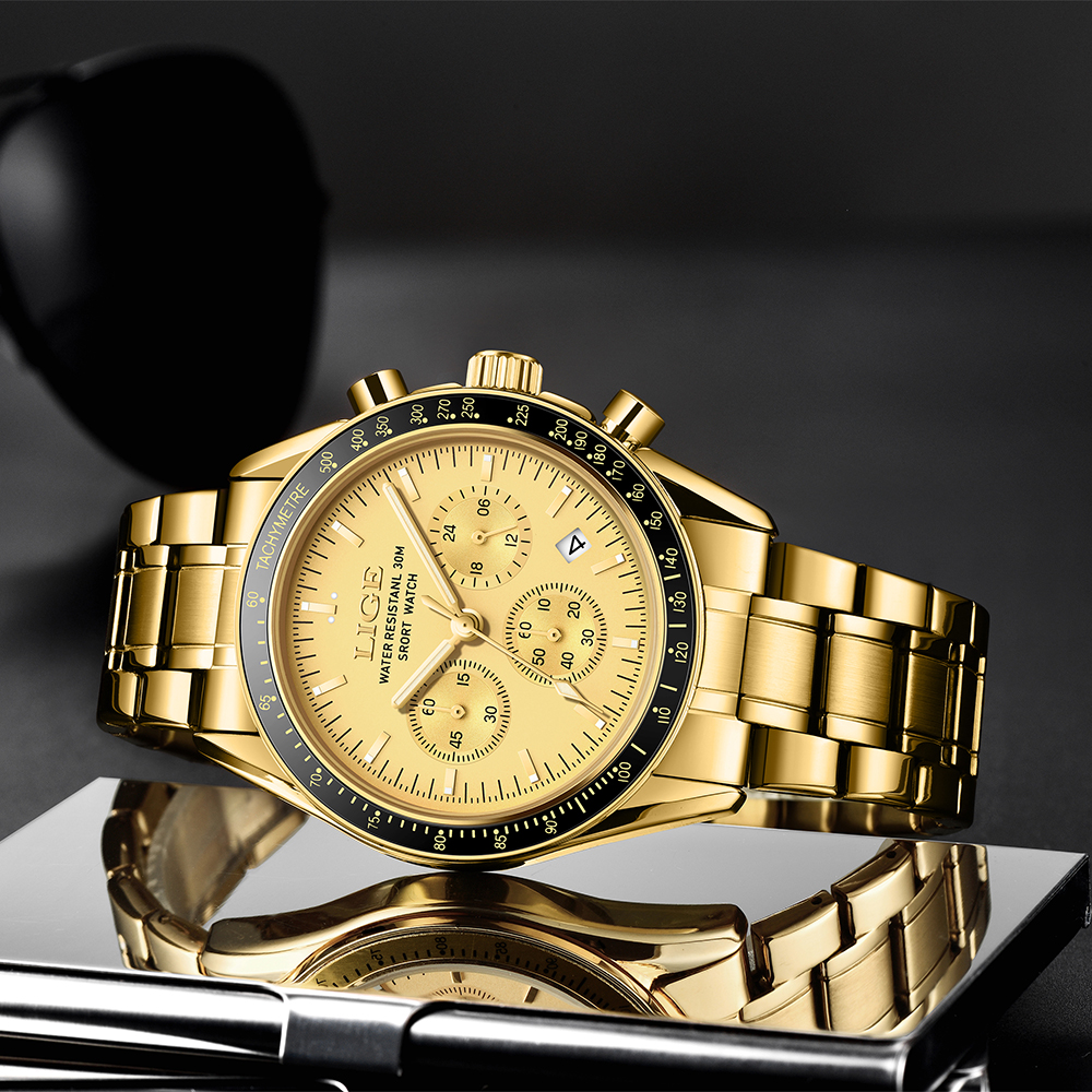 LIGE men's quartz watches, water-resistant sports watches, multi-functional chronographs, top brand, fashionable business watches, festival gifts