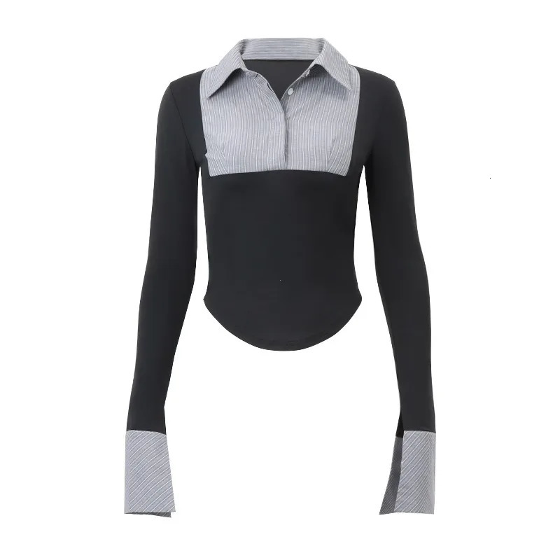 Official Ladies Stripe Print Patchwork Shirts Fashion Polo-neck Button Skinny Crop Tops Autumn Elegant Shirts 240806