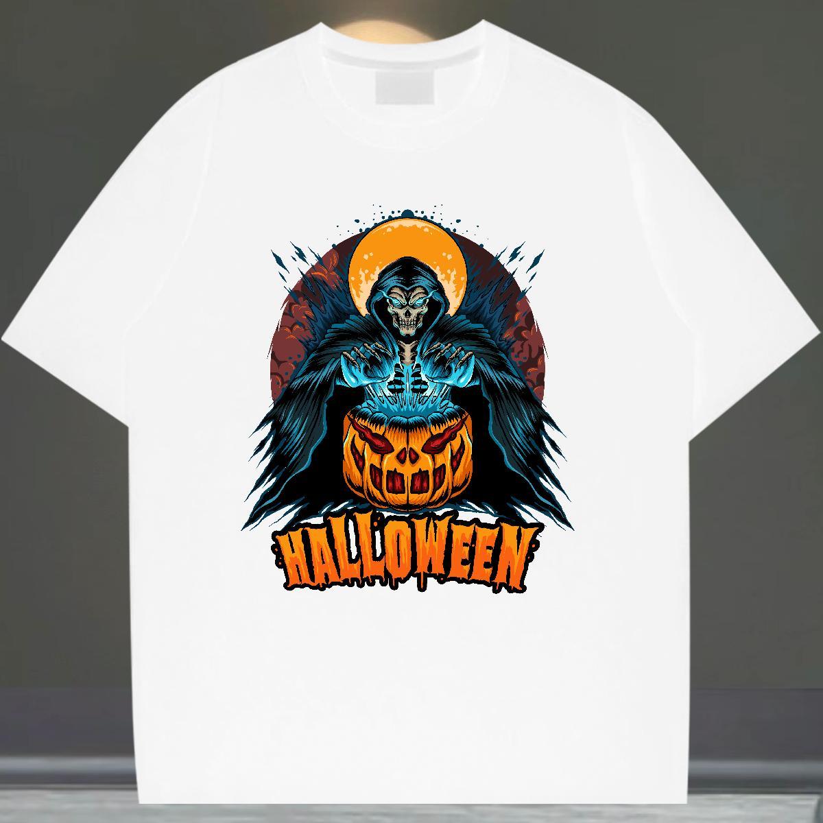 2024 New T Shirts Men 230g 100% Cotton Halloween Hip Hop Tees Shirts Breathable Short Sleeve Cool Men Tops Tees DIY Logo Oversized
