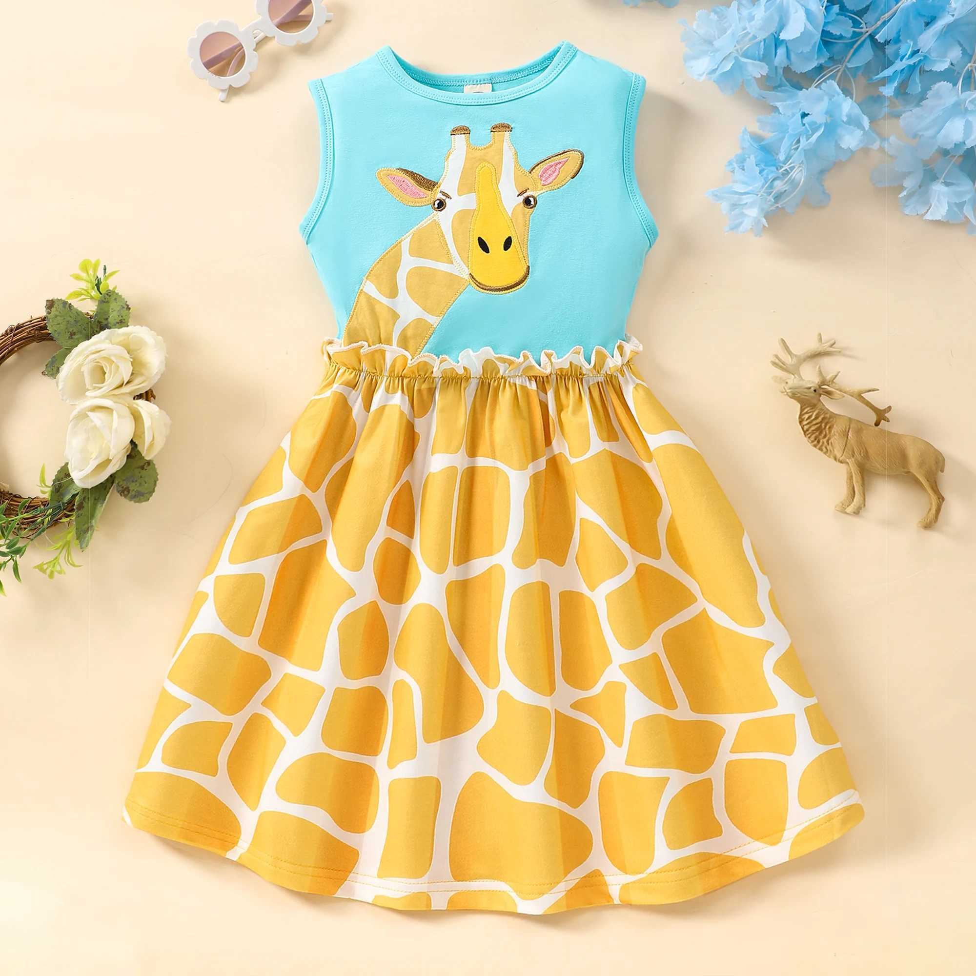 Cute giraffe printed sleeveless holiday summer casual dressW240720