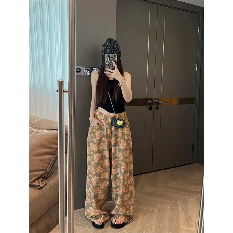 Womens Elegant Vintage High Waist Ripped Jeans High Street Baggy Yellow Pants Fashion Wide Leg Y2K Floral Print Denim Trousers 240806