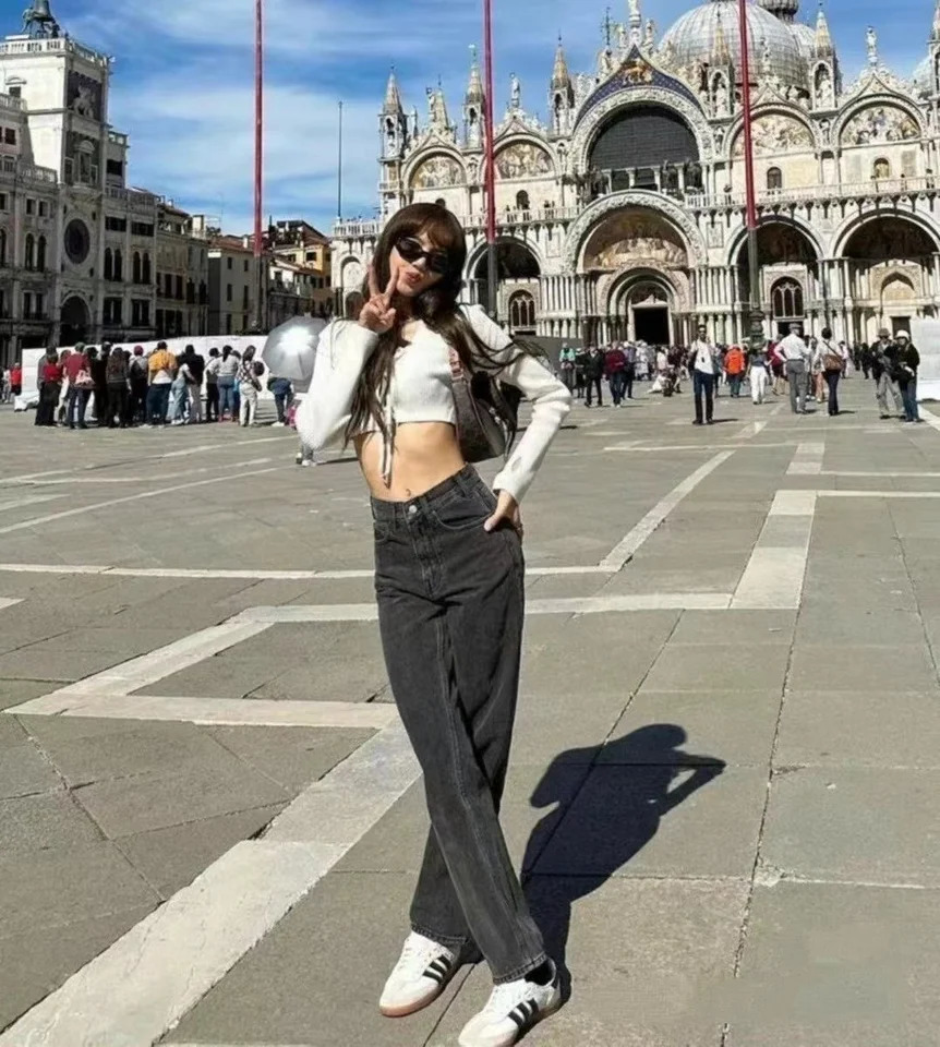 Early Spring Ce Blogger Same Non-elastic High Waist Dark Gray Straight Denim Trousers Women 240806