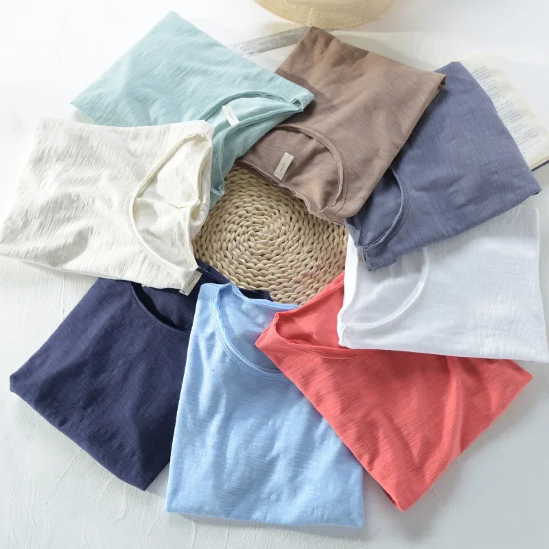 Retro Raw Edge T-Shirt for Men 100% Cotton LightweightBreathableSlim-fit Monochromatic O-Neck Casual Basic Top 240806