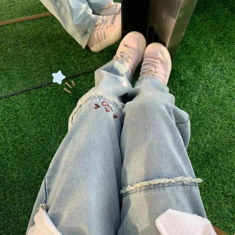 Vintage Washed Embroidery Denim Pant Women Korean Y2k Wide Leg Jeans Preppy Style Kawaii Straight Ankle Length Pants 240806