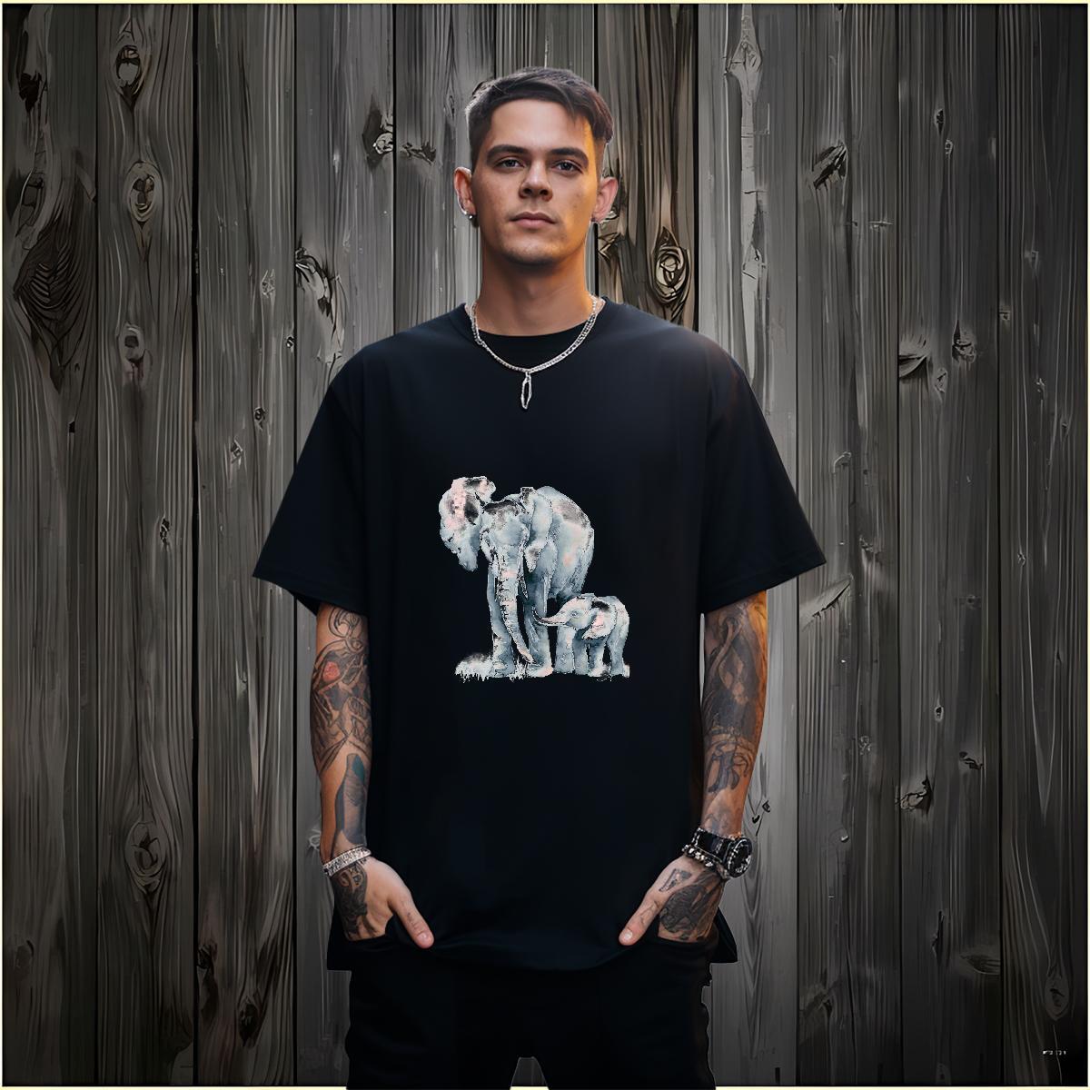 Man T Shirts 230g Cotton Elephant Casual Daily Wear Short Sleeve O-Neck Black Oversized Couples T Shirts New Designer High Quality Tops Shirt