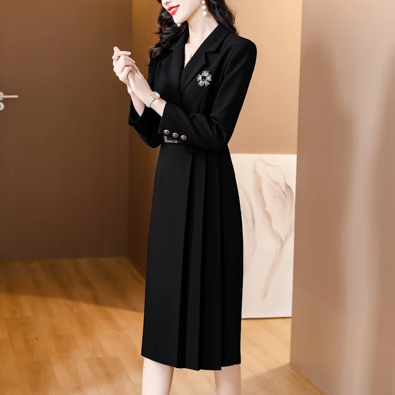 Spring Solid Color Suit Collar Long sleeved Straight Barrel Dress Womens Waist Belt Slimming Knee Length Dress 240806