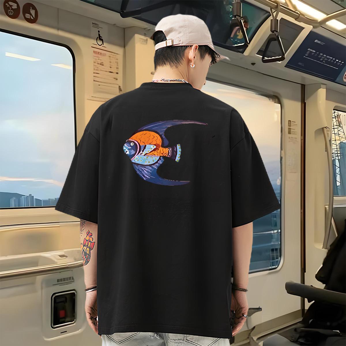 Fashion Casual Man T Shirts 100% Cotton 230g fish Anime Printing Street Wear Breathable Short Sleeve TOP Quality Men Tshirts Custom Cartoon