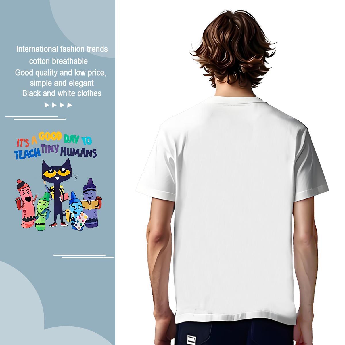 Man T Shirts 230g Pure Cotton cat Outdoor Breathable Short Sleeve DIY Logo Oversized Tshirt for Man Woman Casual New TOP Quality Tops Shirt