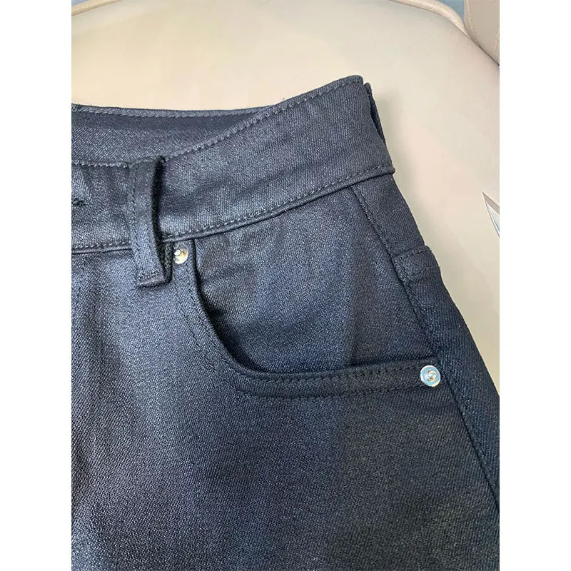 IOO of Spring TOT Pipe Stretch Straight Nine-point Coated Jeans Female High-waisted Thin 240806