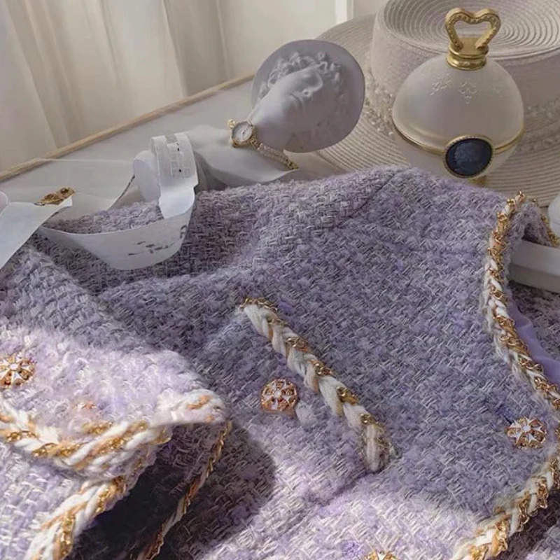 Small Fragrant Lavender Purple Tweed Short Coat Womens Autumn and Winter High Sense Coats Jacket Female Lady Cloth 240806