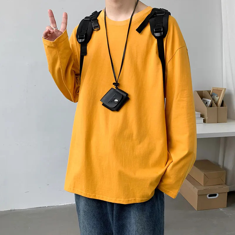 Fall Long Sleeve Pullover basic T-shirt for Men Loose Large Size Fashion Solid Color Tops Casual Autumn Streetwear Tops T Shirt 240812
