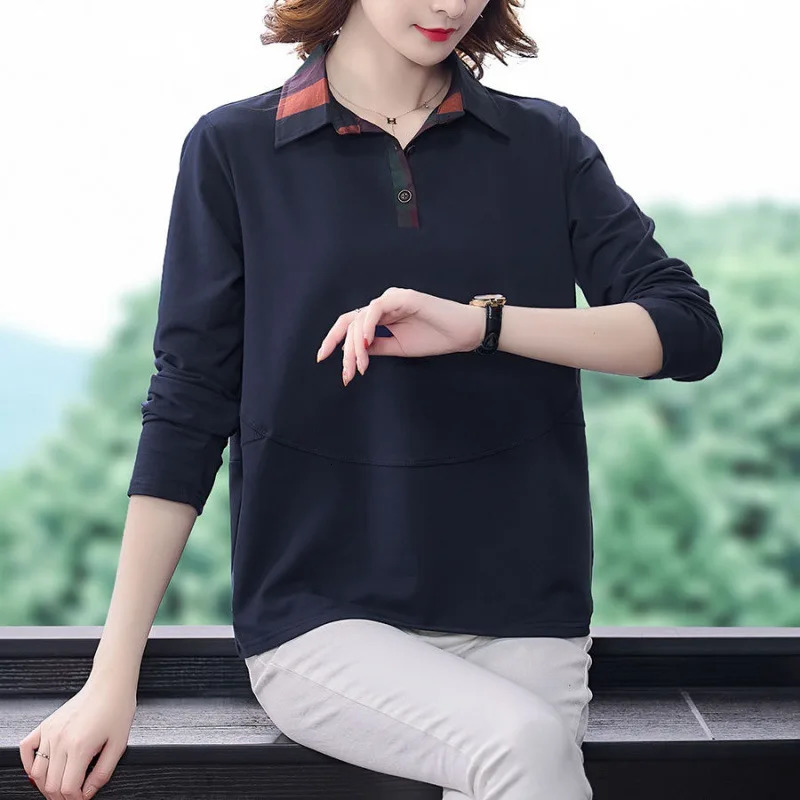 Spring and Autumn Womens Polo Collar Solid Button Panel Plaid Contrast Long Sleeve T-shirt Underlay Fashion Casual Loose Tops 240806