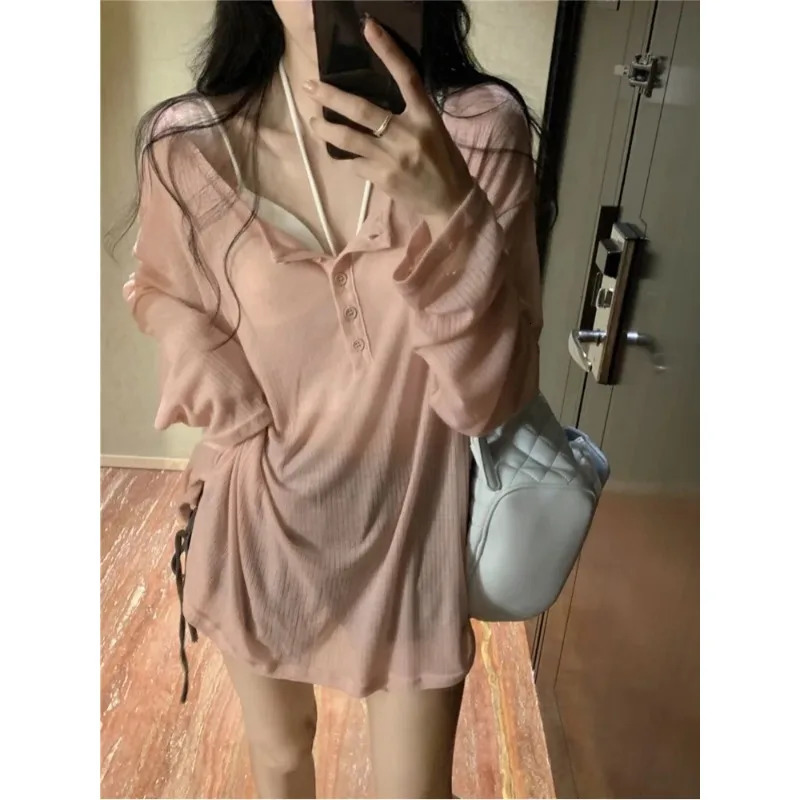 Korean Series Pure Desire Gyaru Thin T-shirt Women Summer Fashion Sun Protection V-neck Long sleeve Cover up Loose Top 240806