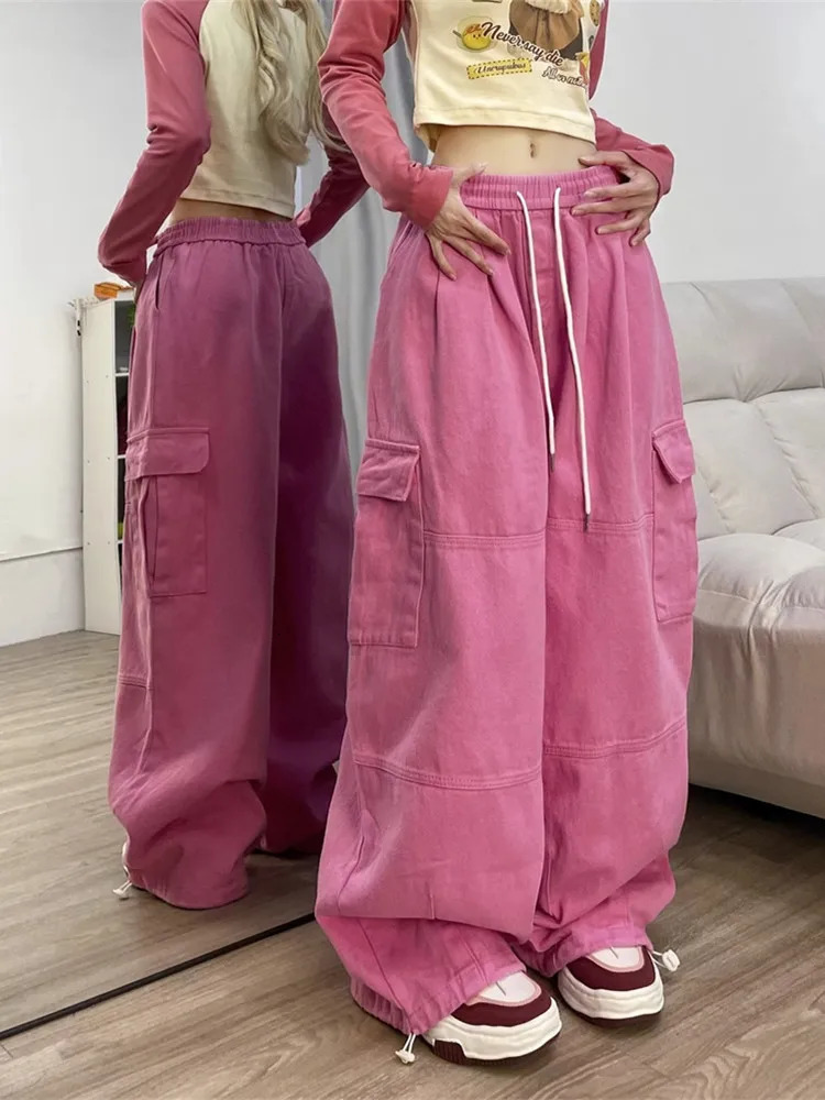 Korean Y2K Drawstring Casual Baggy Cargo Jeans Pants Women Clothing Straight Wide Leg Sweatpants Female Trousers Z260313