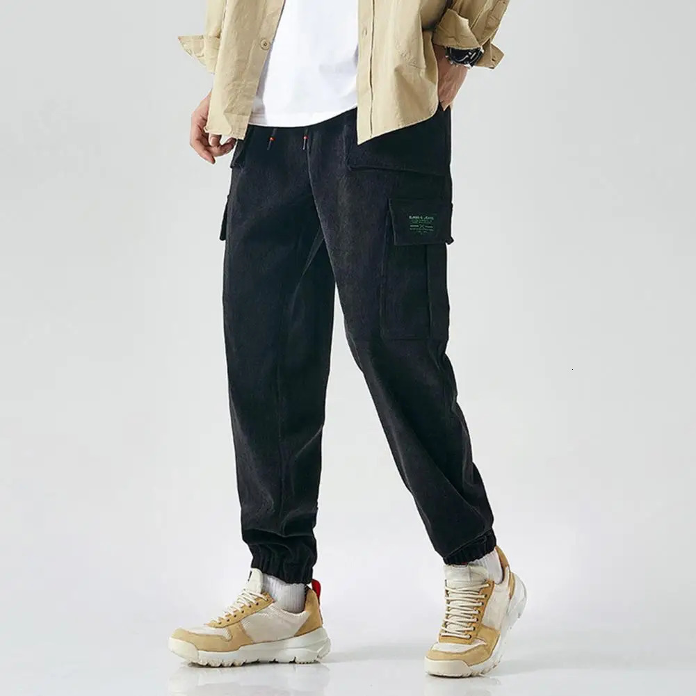 Corduroy Cargo Pants Men Sweatpants Fashion Straight Trousers Multi Pocket Solid Color Warm Casual Male pantalones hombre 240806