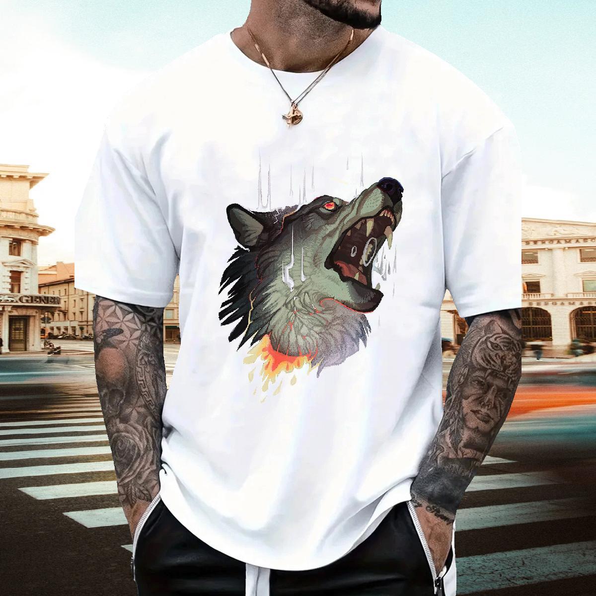 2024 Summer T shirt 230g Cotton wolf Home Outdoor Clothes O Neck Short Sleeves Classic Men Tops Tees Oversized 3XL 4XL