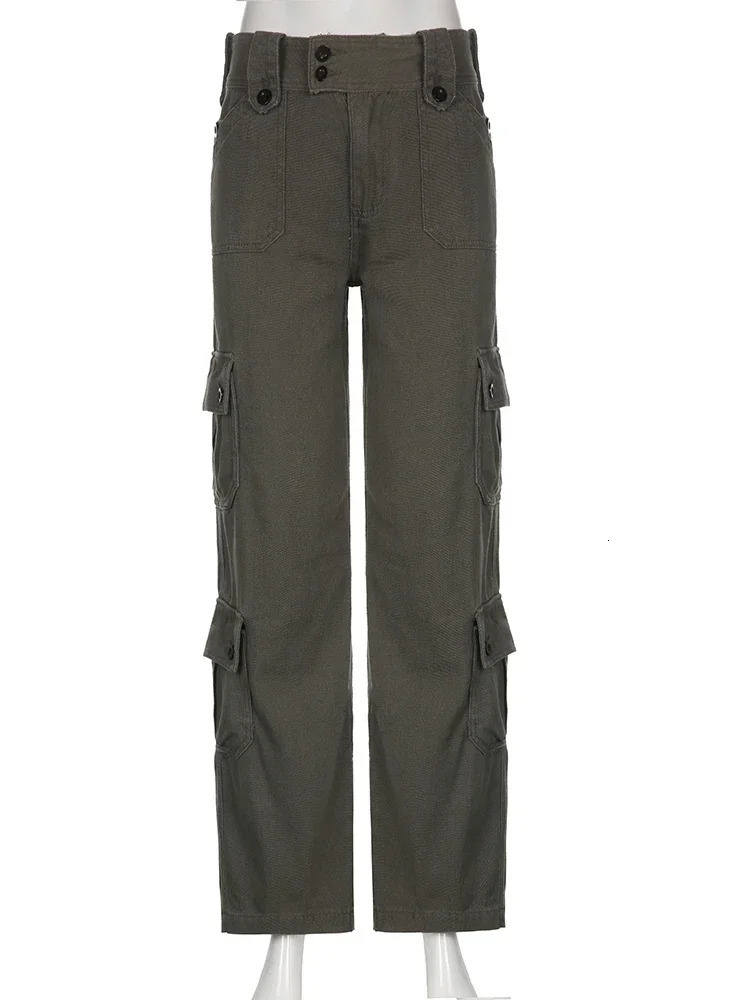 Button Low Waist Y2K Denim Pants Women Pockets Stitching Straight Cargo Pants Vintage Casual Gray Streetwear Jeans 240806